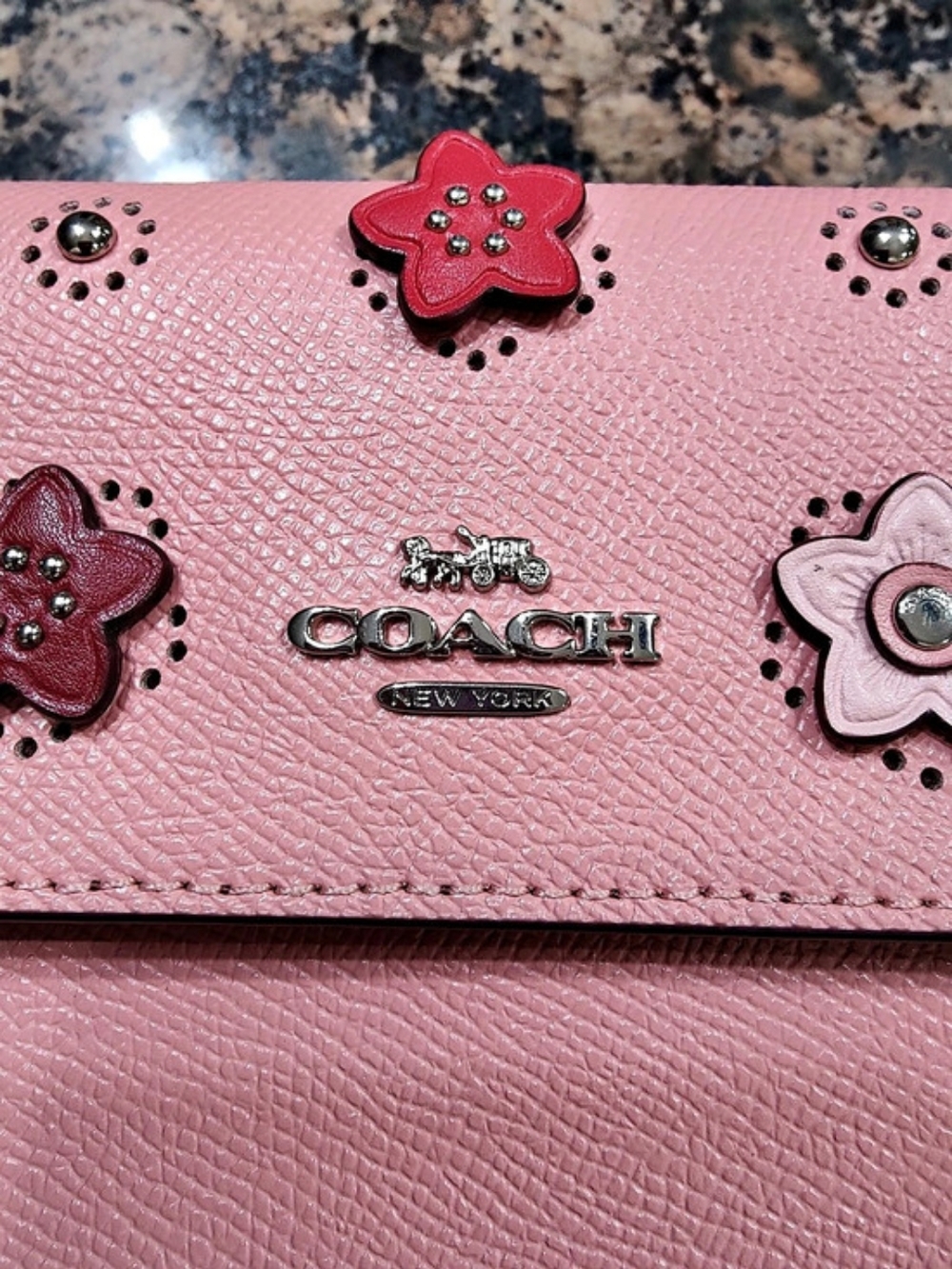 Coach Tea Rose Floral Rivets Double Zip Phone Wallet Wristlet Pink